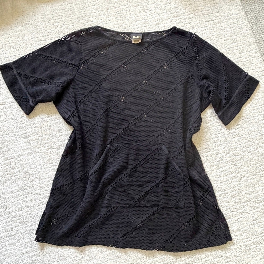 Vintage Dotti Black Pointelle Knit Swim Cover Up Dress Kangaroo Pocket Large